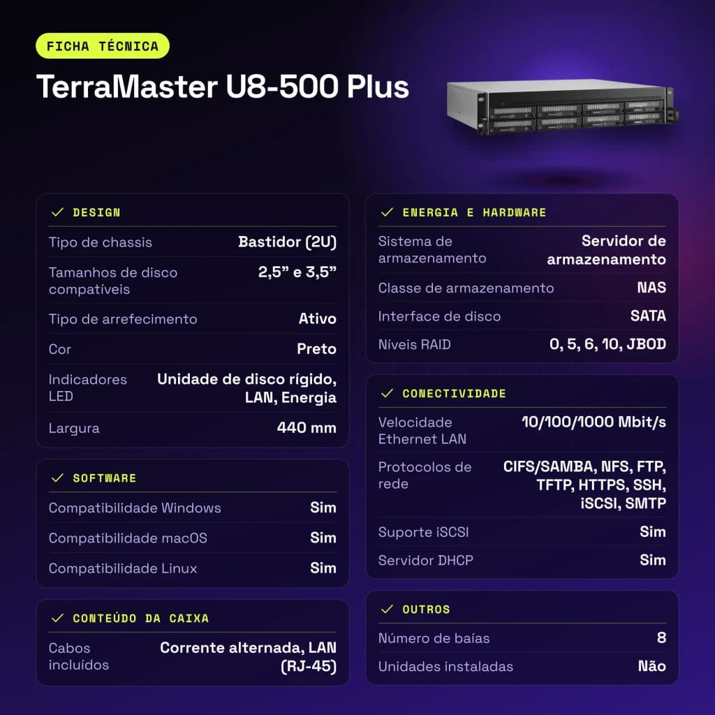 Servidor NAS TerraMaster 16GB Negro 8 Bahías Sin Discos 2× 10GbE U8-500 Plus - características