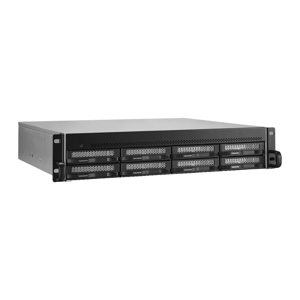 Serveur NAS TerraMaster 16 Go Noir 8 Baies Sans Disques 2× 10GbE U8-500 Plus, vue avant: châssis rack 2U avec 8 baies vides
