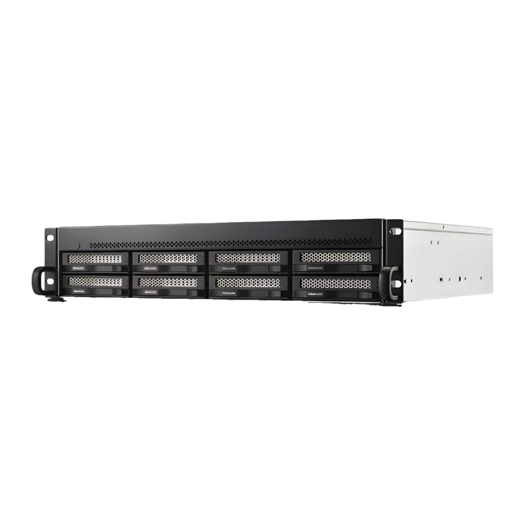 Serveur NAS TerraMaster 16 Go Noir 8 Baies Sans Disques 2× 10GbE U8-500 Plus, détail: vue angulaire avant avec 8 baies vides