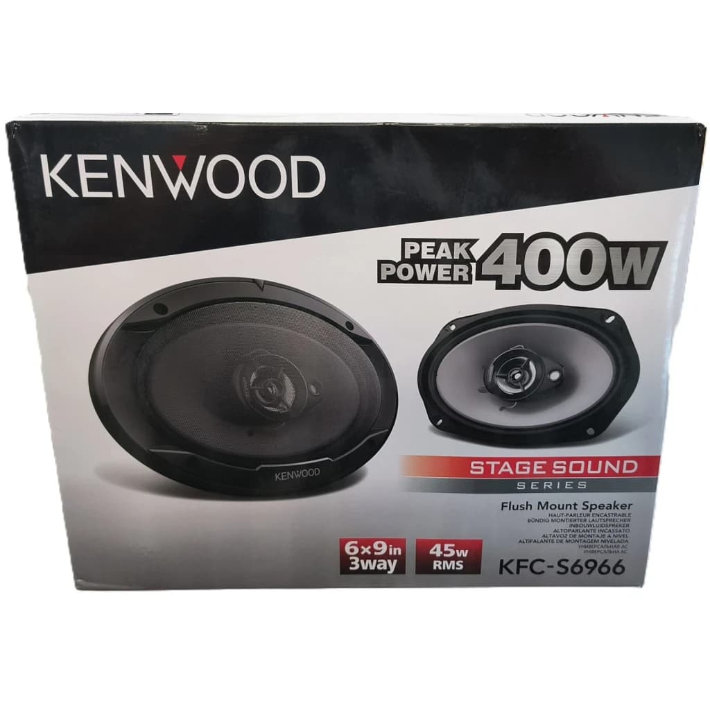 Altifalantes de Carro Kenwood 3 vias 45W RMS Preto KFC-S6966, conteúdo da caixa: embalagem frontal com dois altifalantes
