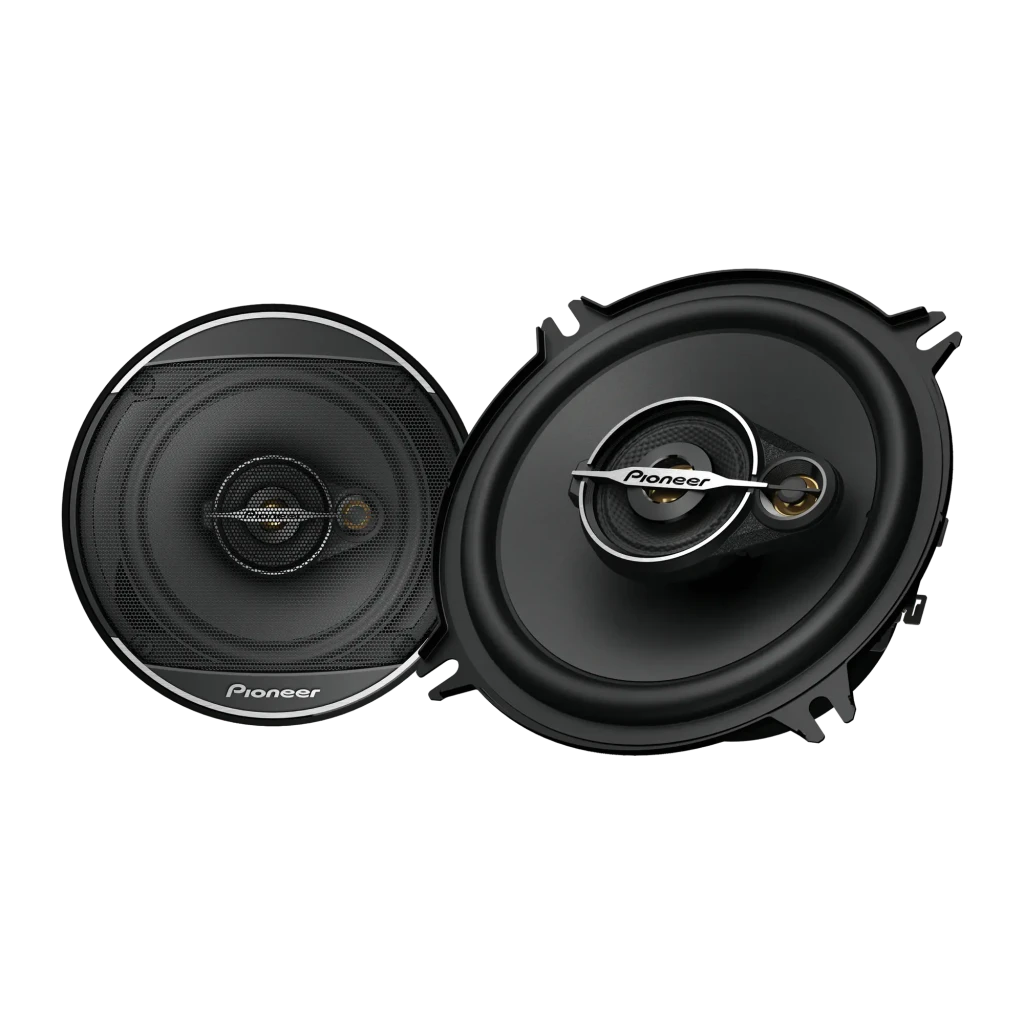 Haut-parleurs auto Pioneer 3 voies 50W RMS / 300W max Noir TS-A1371F, vue de face: paire de haut-parleurs ronds noirs