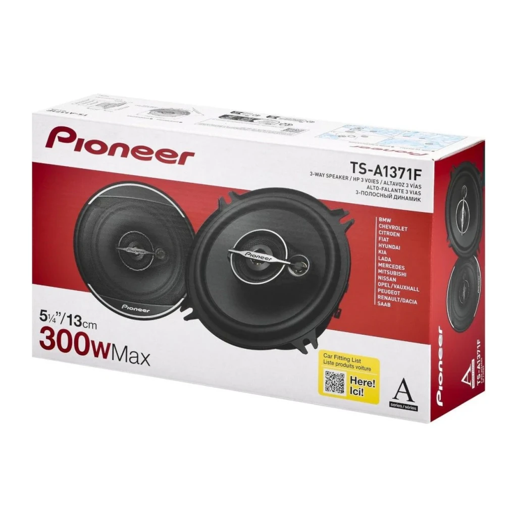 Haut-parleurs auto Pioneer 3 voies 50W RMS / 300W max Noir TS-A1371F, contenu de la boîte: emballage rouge et blanc