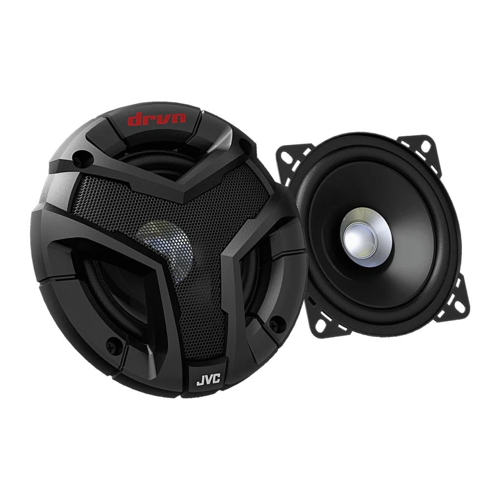 Altavoces para coche JVC DRVN 20W RMS 2 vías 10cm Negro CS-V418, vista frontal: par de altavoces, uno con rejilla y logo