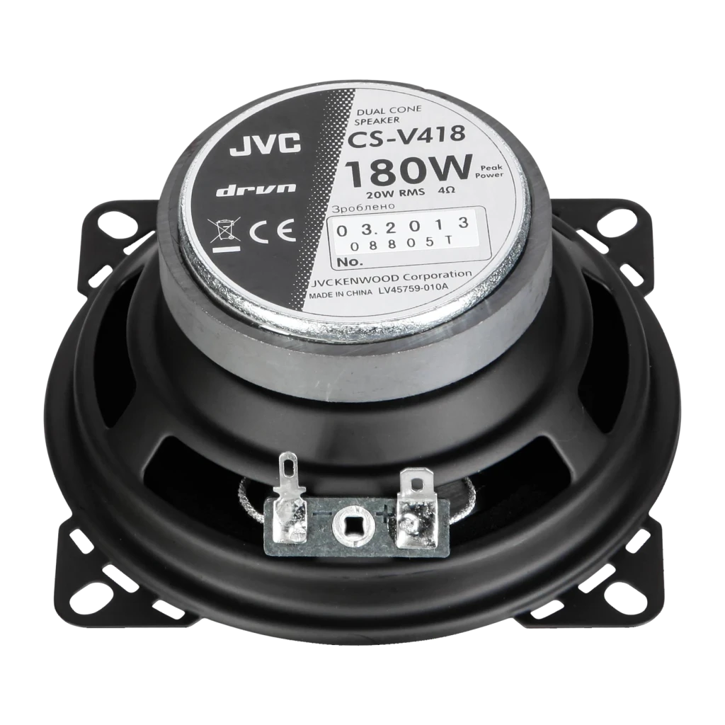 Altavoces para coche JVC DRVN 20W RMS 2 vías 10cm Negro CS-V418, vista trasera: imán, etiqueta 180W y terminales de conexión