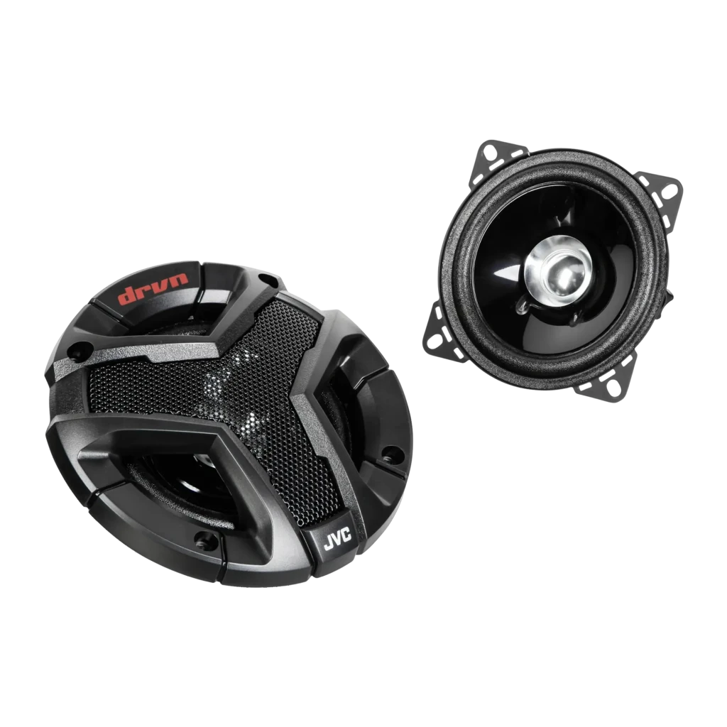 Altavoces para coche JVC DRVN 20W RMS 2 vías 10cm Negro CS-V418, detalle: par de altavoces, uno con rejilla y logo drvn