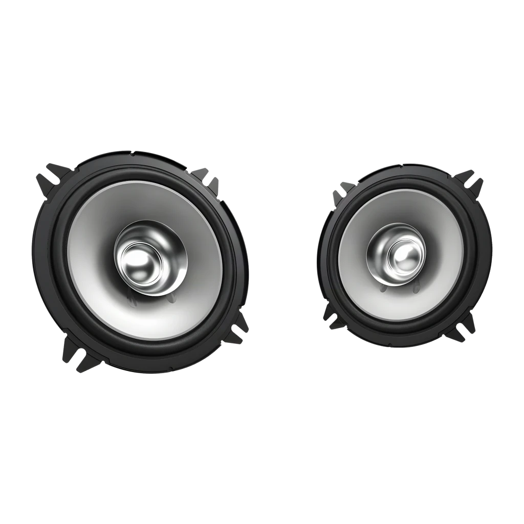 Altavoces de coche Kenwood 2 vías 30W RMS Negro KFC-S1356, vista frontal: par de altavoces redondos con cono plateado