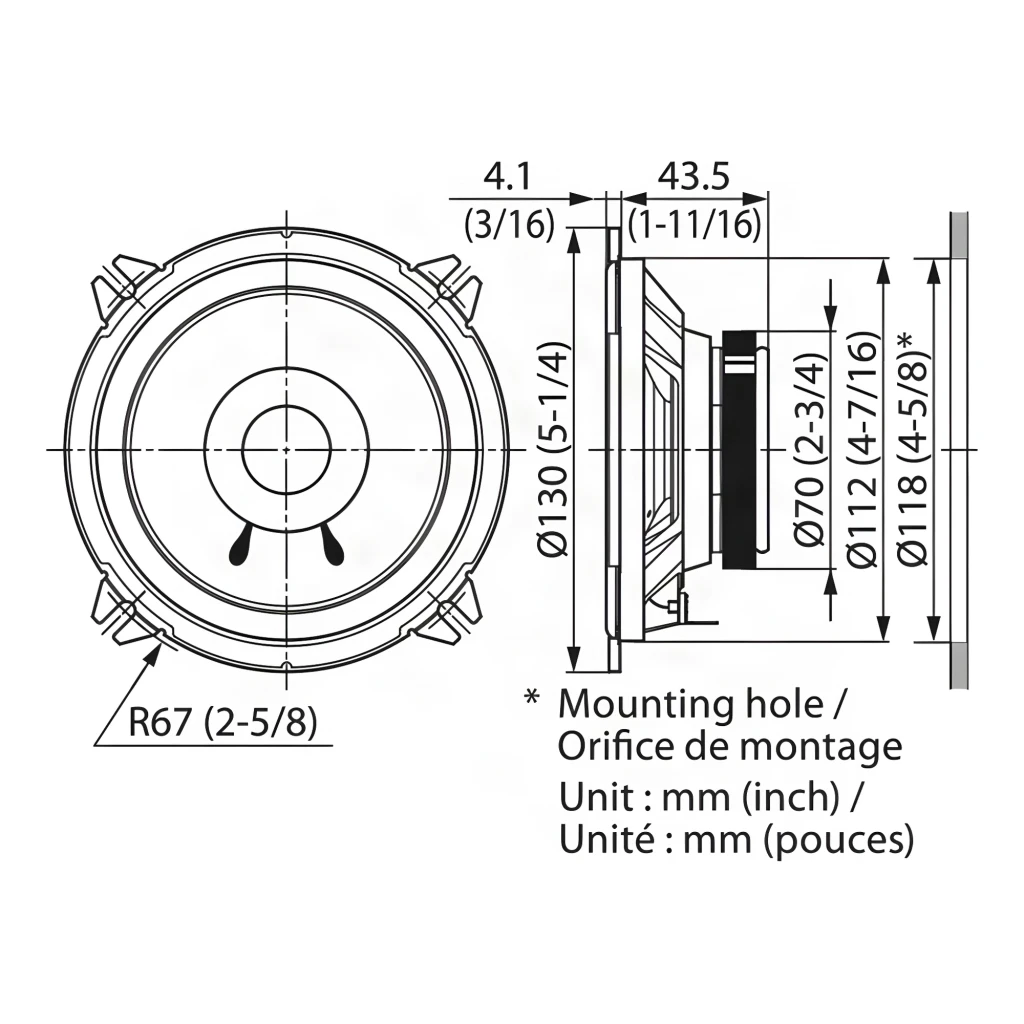 Altavoces de coche Kenwood 2 vías 30W RMS Negro KFC-S1356, diagrama técnico: cotas frontales y laterales en mm y pulgadas