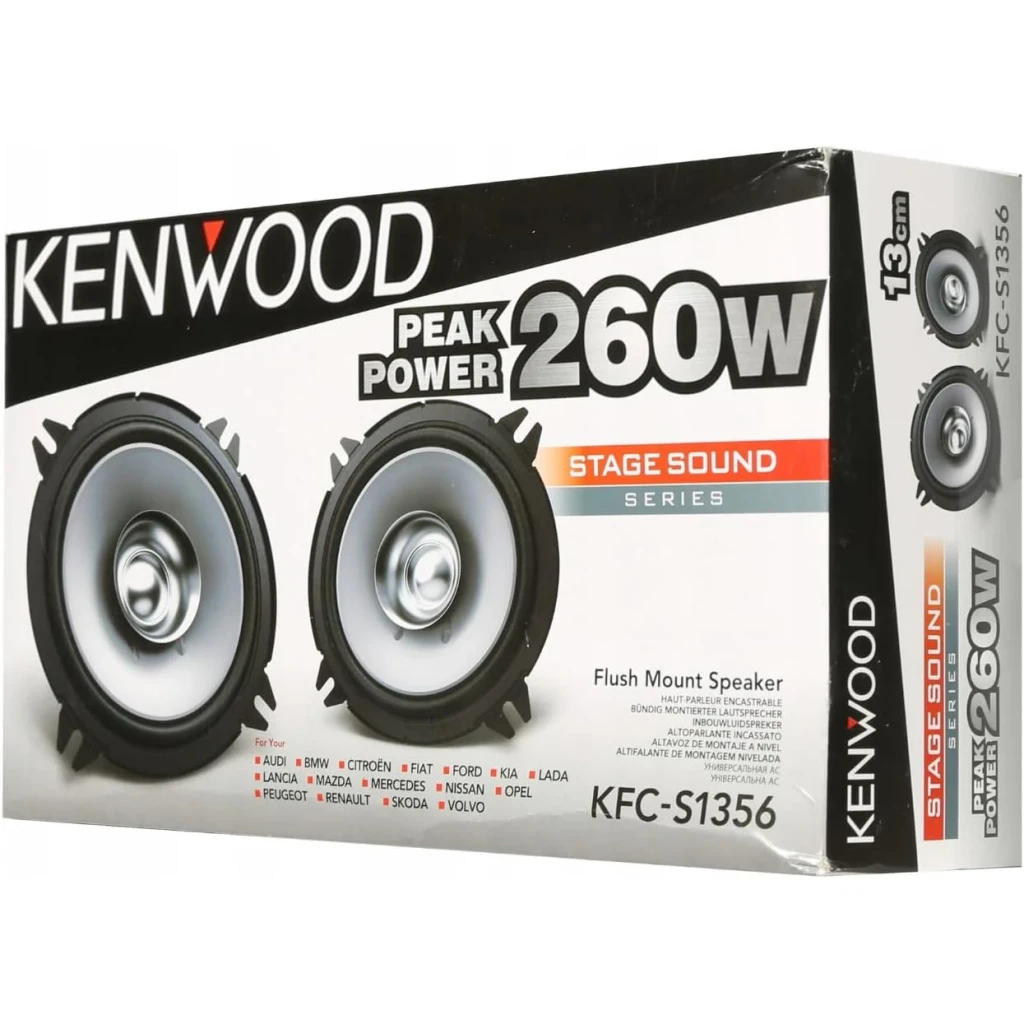 Altavoces de coche Kenwood 2 vías 30W RMS Negro KFC-S1356, contenido de la caja: caja con dos altavoces 13cm 260W peak