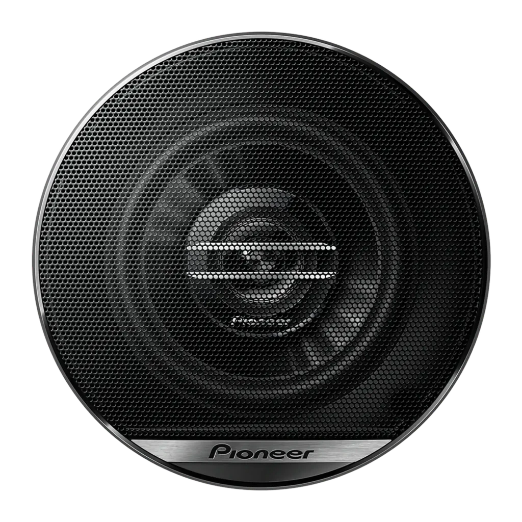 Altifalantes de carro Pioneer 30W RMS Passivo 2 vias Preto TS-G1020F, detalhe: grelha frontal com logótipo Pioneer e tweeter