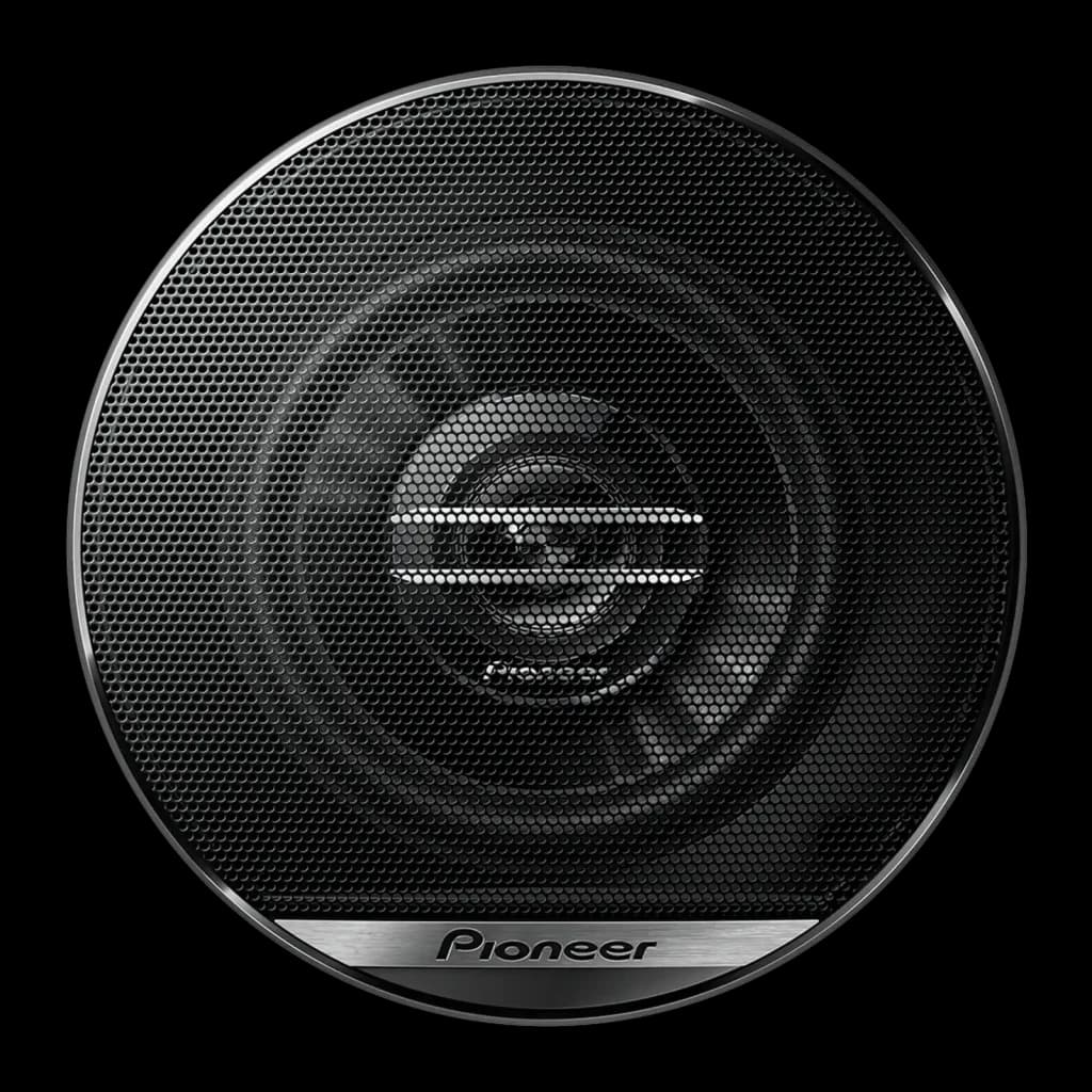 Altifalantes de carro Pioneer 30W RMS Passivo 2 vias Preto TS-G1020F, detalhe: grelha frontal com logótipo Pioneer e tweeter