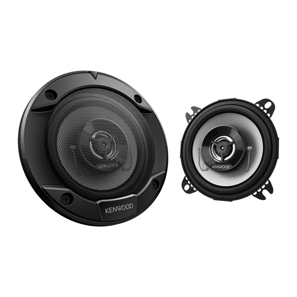 Altavoces de coche Kenwood 21W RMS Coaxial 2 vías Negro KFC-S1066, vista frontal: par de altavoces, uno con rejilla y otro