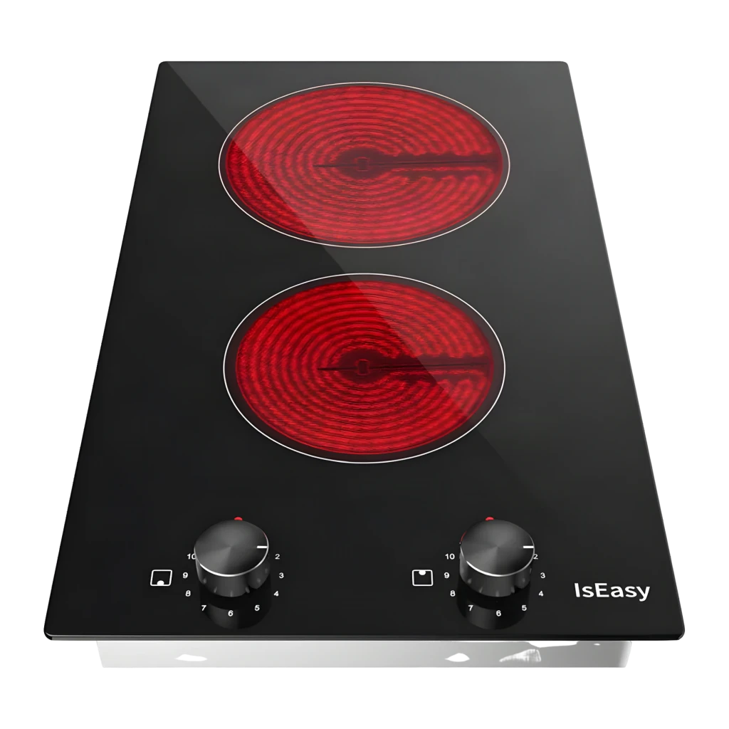 Placa vitrocerámica Iseasy 3200W (2 zonas: 1200W + 2000W) Negro LT2V-30, vista frontal: 2 zonas rojas encendidas y 2 mandos