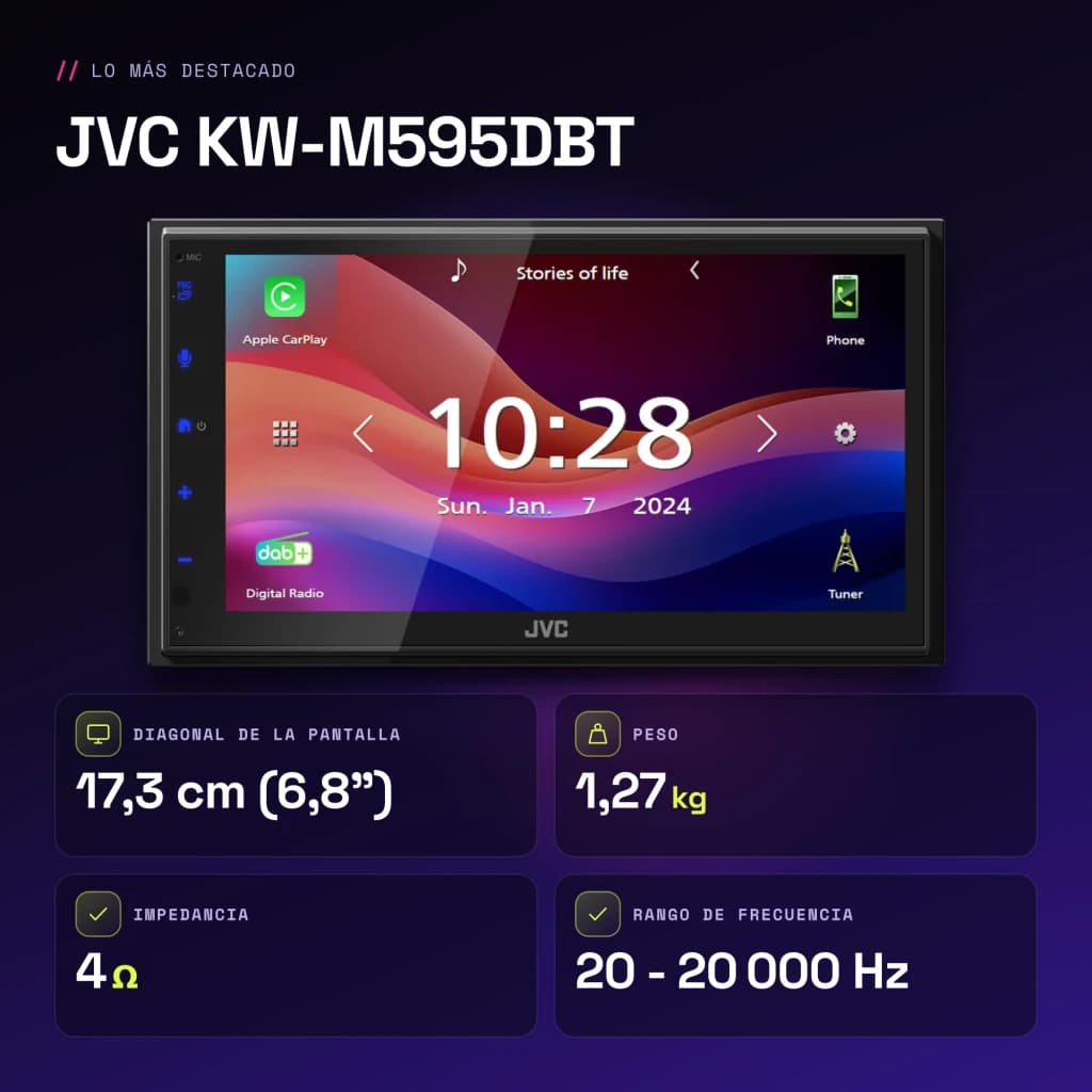 Autorradio JVC Negro CarPlay Android Auto Inalámbrico 6,8 pulgadas KW-M595DBT - características