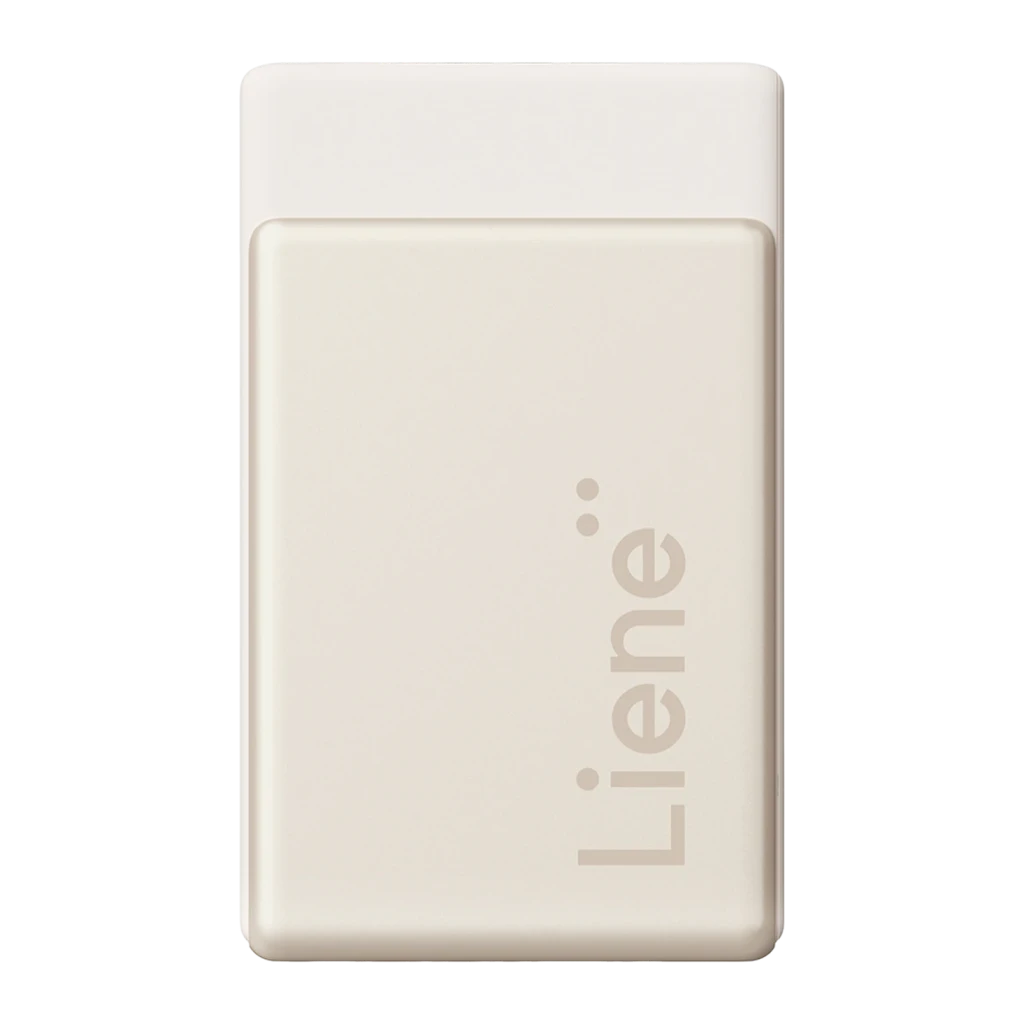 Imprimante Photo Portable Liene Pearl N200 Pro Or, vue de face: corps compact couleur crème avec logo Liene gravé