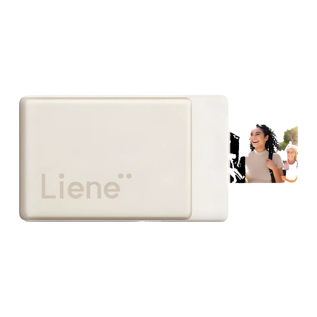 Imprimante Photo Portable Liene Pearl N200 Pro Or, détail: vue du dessus avec photo s'imprimant par le côté droit