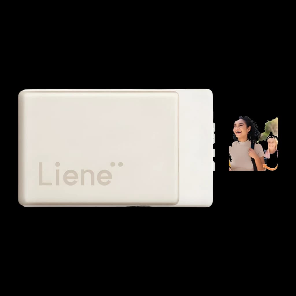 Imprimante Photo Portable Liene Pearl N200 Pro Or, détail: vue du dessus avec photo s'imprimant par le côté droit