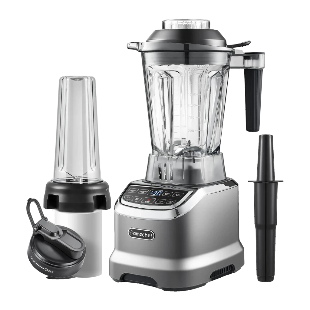 Batidora de vaso Amzchef 1,85L 1800W 26000 RPM Gris ZM5003-GA, vista frontal: base gris con panel táctil, vaso graduado