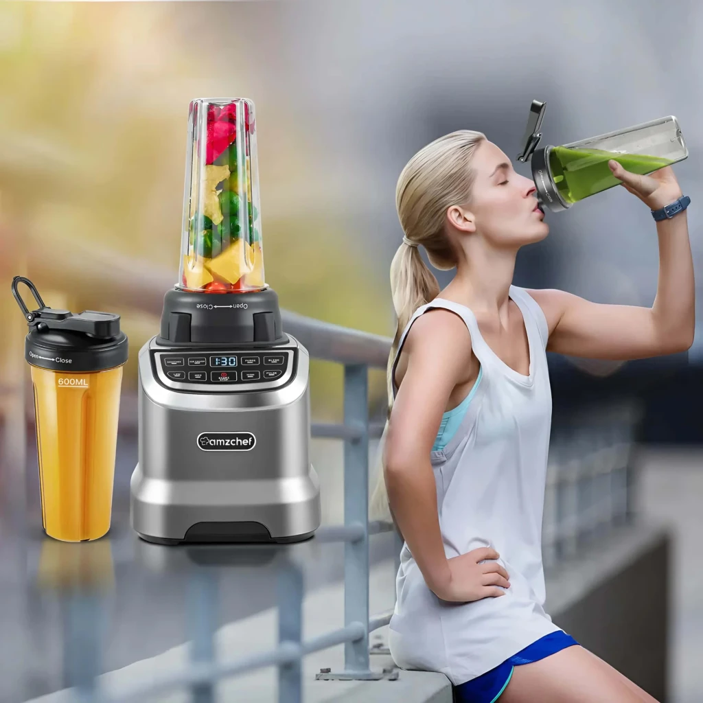 Batidora de vaso Amzchef 1,85L 1800W 26000 RPM Gris ZM5003-GA, en uso: deportista bebiendo smoothie verde, vaso 600ml