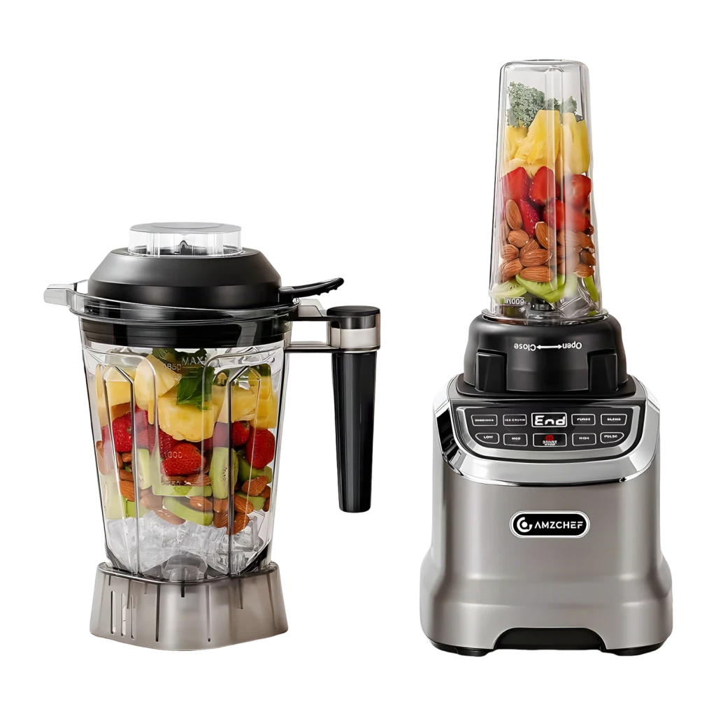 Batidora de vaso Amzchef 1,85L 1800W 26000 RPM Gris ZM5003-GA, detalle: jarra grande con frutas y hielo junto a vaso