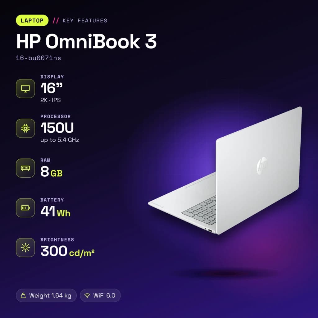 PC portable HP OmniBook 3 8Go/512Go 16 pouces IPS 2K Intel Core 7 150U SSD NVMe PCIe 4.0 M.2 FreeDOS Gris/Argent 16-bu0071ns - caractéristiques