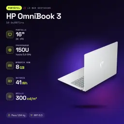 PC portable HP OmniBook 3 8Go/512Go 16 pouces IPS 2K Intel Core 7 150U SSD NVMe PCIe 4.0 M.2 FreeDOS Gris/Argent 16-bu0071ns - caractéristiques