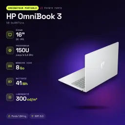 PC portable HP OmniBook 3 8Go/512Go 16 pouces IPS 2K Intel Core 7 150U SSD NVMe PCIe 4.0 M.2 FreeDOS Gris/Argent 16-bu0071ns - caractéristiques