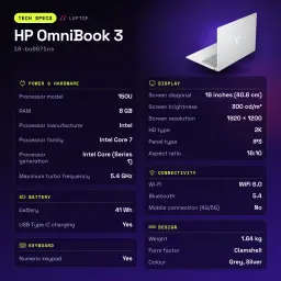 PC portable HP OmniBook 3 8Go/512Go 16 pouces IPS 2K Intel Core 7 150U SSD NVMe PCIe 4.0 M.2 FreeDOS Gris/Argent 16-bu0071ns - caractéristiques