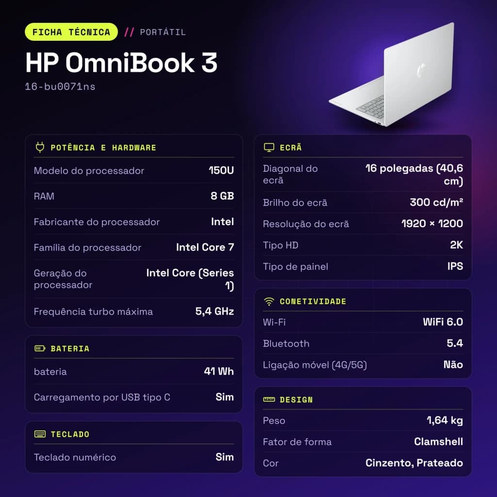 PC portable HP OmniBook 3 8Go/512Go 16 pouces IPS 2K Intel Core 7 150U SSD NVMe PCIe 4.0 M.2 FreeDOS Gris/Argent 16-bu0071ns - caractéristiques