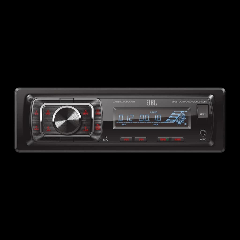 Autoradio JBL Celebrity 150 Noir 1 DIN Bluetooth, vue de face: écran bleu, bouton rotatif et touches rouges éclairées