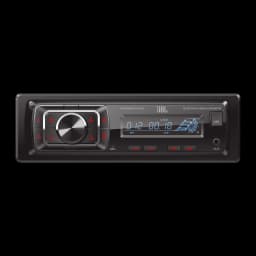 Autoradio JBL Celebrity 150 Noir 1 DIN Bluetooth, vue de face: écran bleu, bouton rotatif et touches rouges éclairées