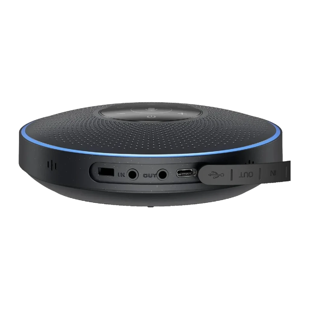 Enceinte de Conférence EMEET OfficeCore M220 3W 10h Bluetooth 4.2, USB-C, AUX Noir, détail latéral: ports AUX IN, AUX OUT
