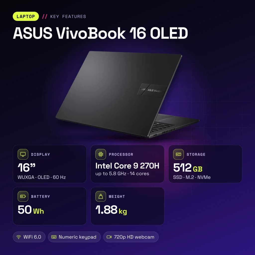 Portátil ASUS VivoBook 16 16GB/512GB 16 pulgadas OLED WUXGA Intel Core 9 270H SSD NVMe PCIe 4.0 Windows 11 Home Negro Teclado Francés X1605VA - características