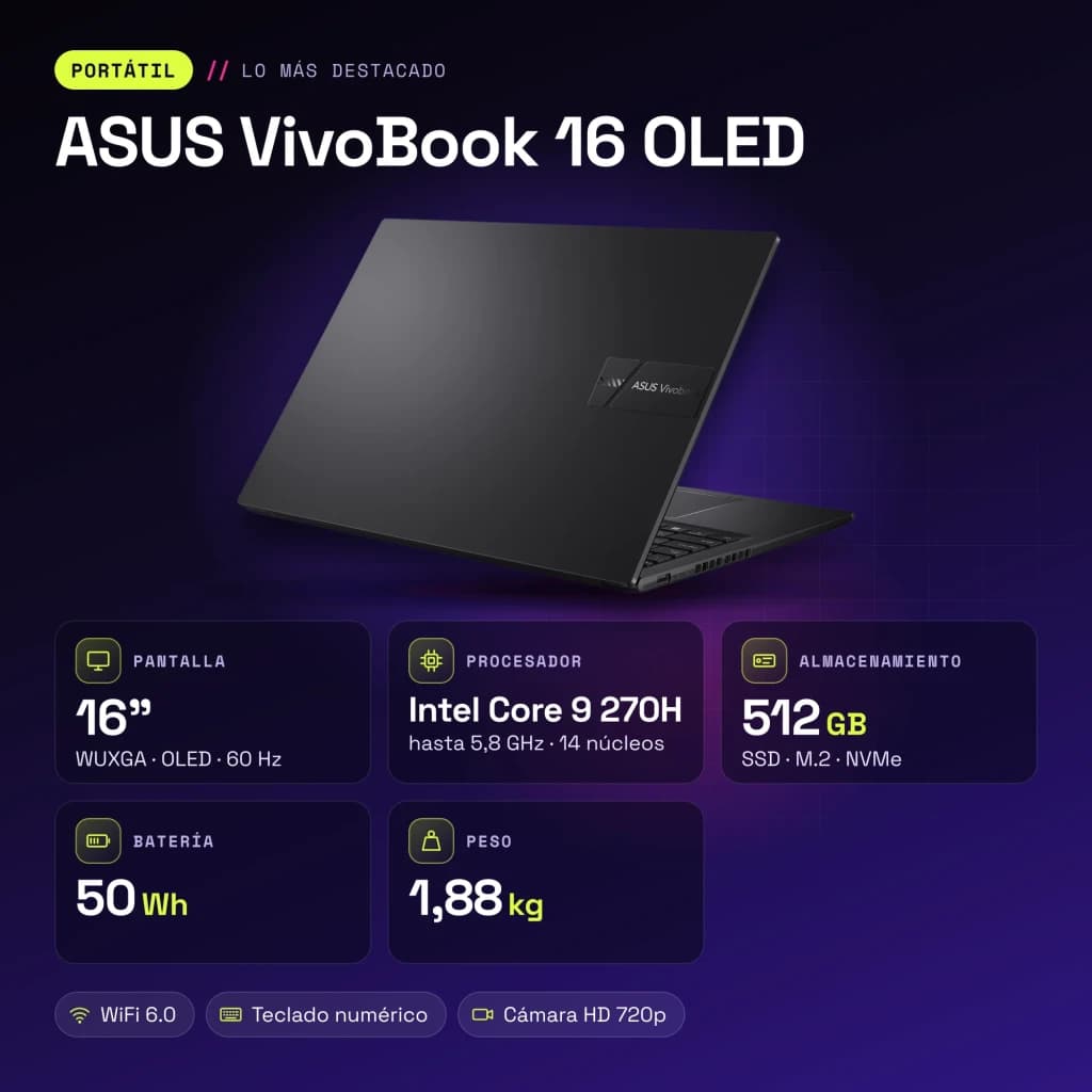 Portátil ASUS VivoBook 16 16GB/512GB 16 pulgadas OLED WUXGA Intel Core 9 270H SSD NVMe PCIe 4.0 Windows 11 Home Negro Teclado Francés X1605VA - características