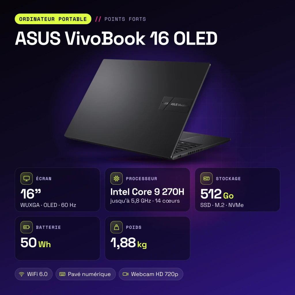 Portátil ASUS VivoBook 16 16GB/512GB 16 pulgadas OLED WUXGA Intel Core 9 270H SSD NVMe PCIe 4.0 Windows 11 Home Negro Teclado Francés X1605VA - características