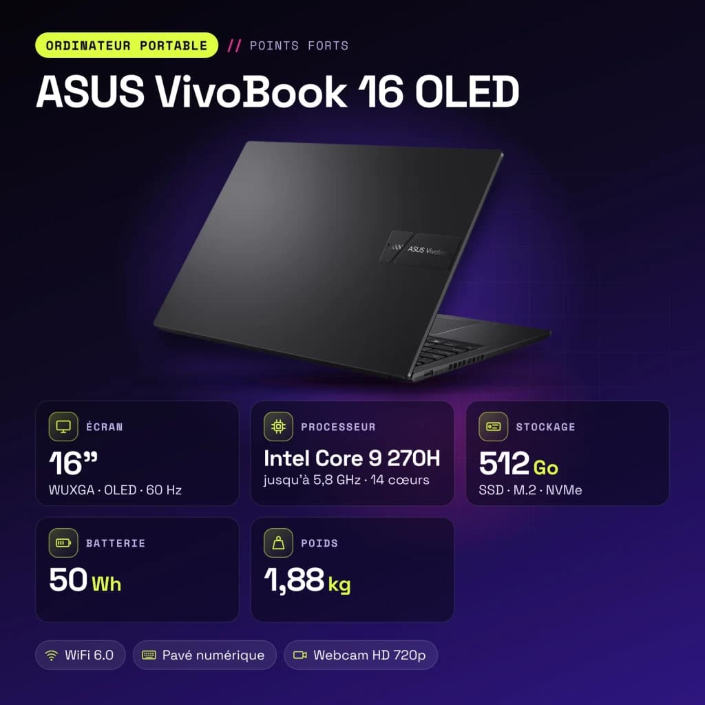 Portátil ASUS VivoBook 16 16GB/512GB 16 pulgadas OLED WUXGA Intel Core 9 270H SSD NVMe PCIe 4.0 Windows 11 Home Negro Teclado Francés X1605VA - características