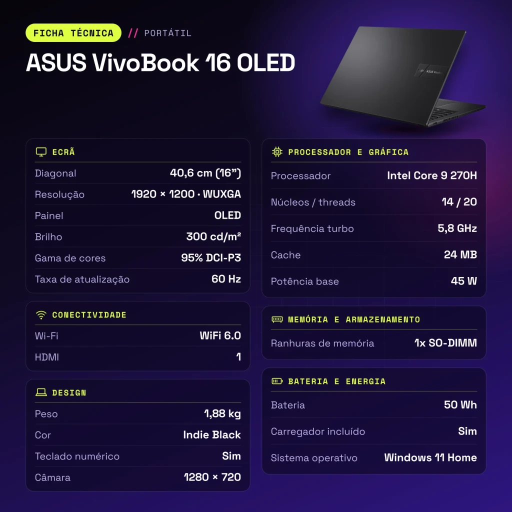 Portátil ASUS VivoBook 16 16GB/512GB 16 pulgadas OLED WUXGA Intel Core 9 270H SSD NVMe PCIe 4.0 Windows 11 Home Negro Teclado Francés X1605VA - características