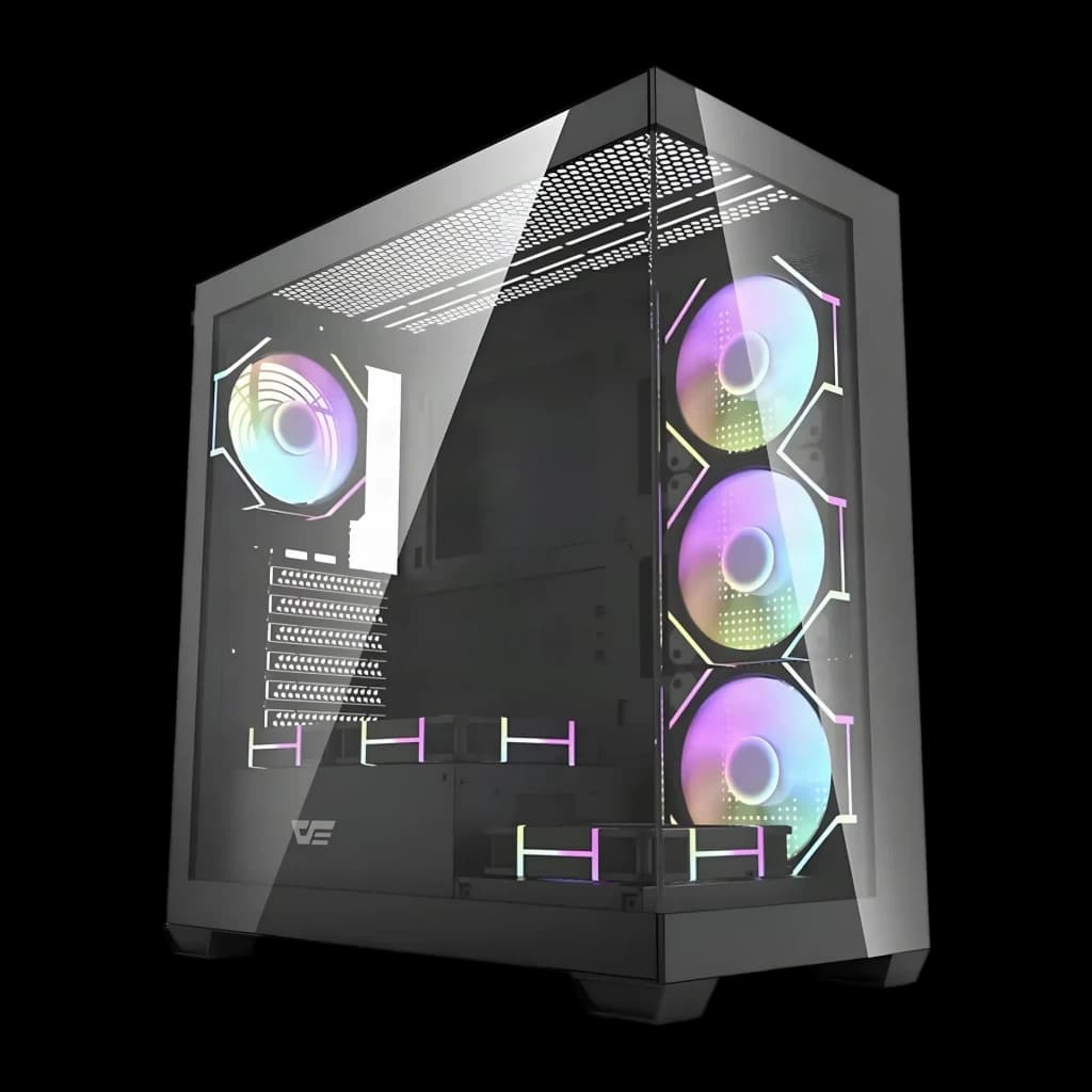 Caja PC Darkflash DS900 Negro + 7 Ventiladores ARGB Doble Cristal Templado 270°, vista frontal: panel lateral y frontal