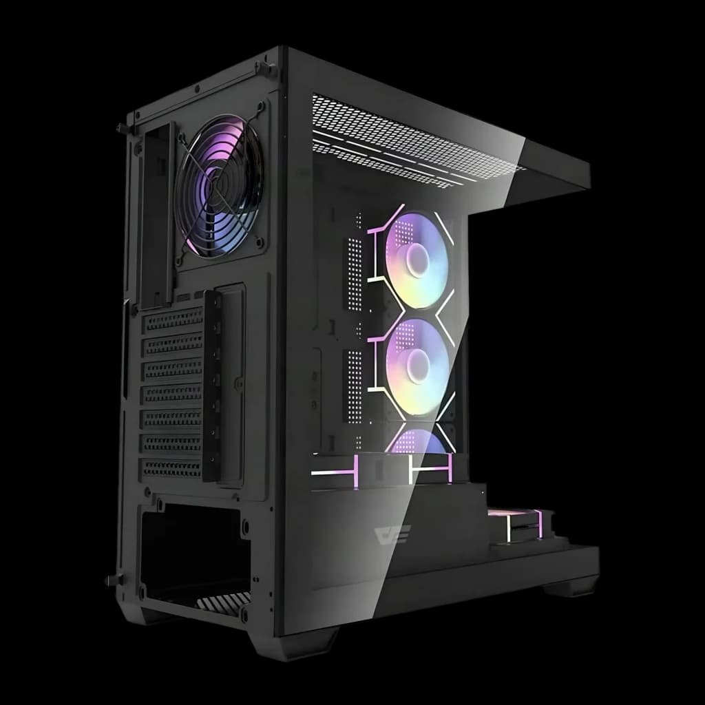 Caja PC Darkflash DS900 Negro + 7 Ventiladores ARGB Doble Cristal Templado 270°, vista trasera: panel trasero con ranuras