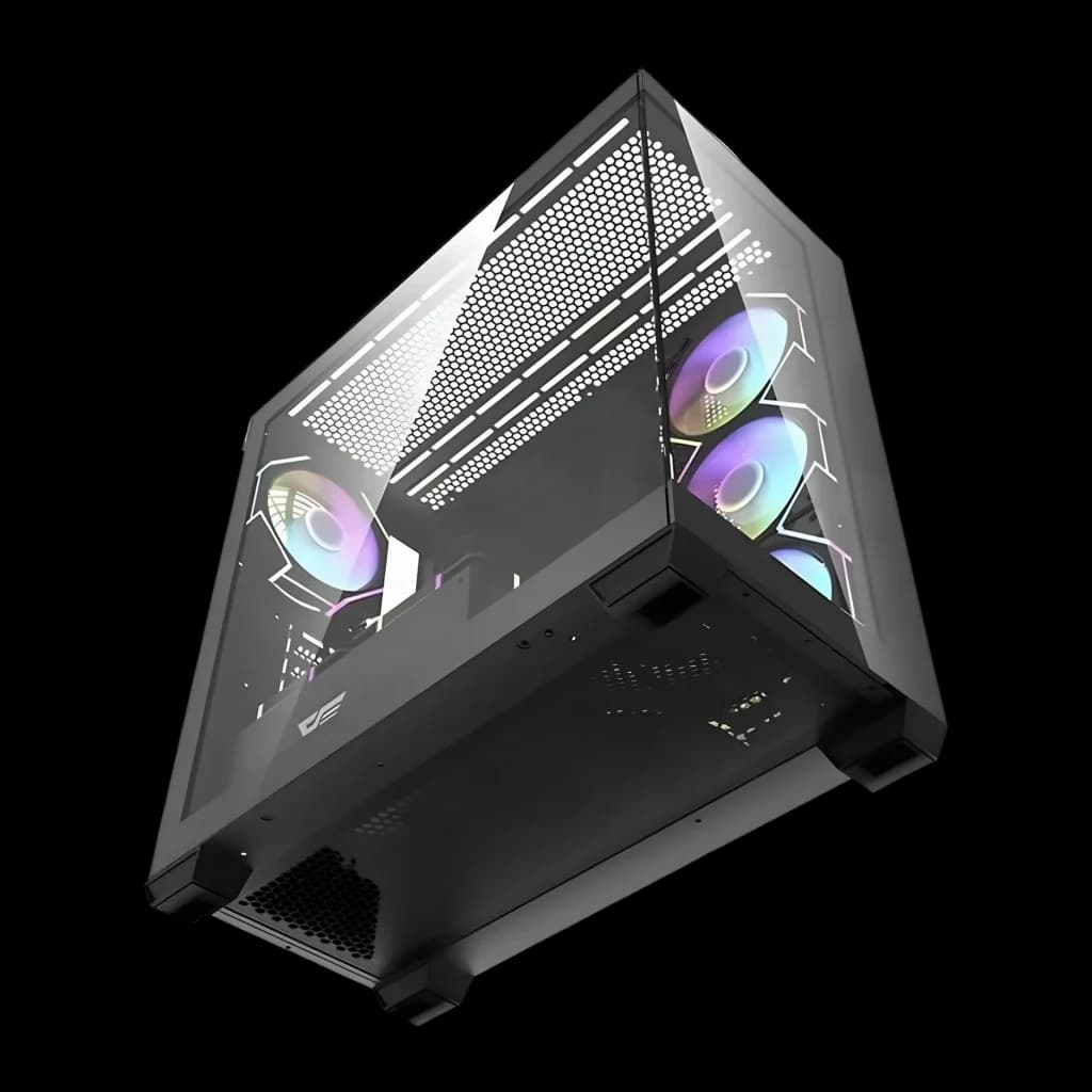 Caja PC Darkflash DS900 Negro + 7 Ventiladores ARGB Doble Cristal Templado 270°, detalle: vista superior en ángulo
