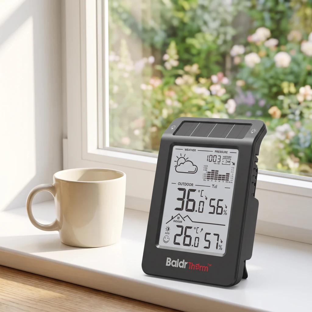 Estação Meteorológica BALDRTHERM Preto Sem Fios 100m B0596WT2H2P-V1, em uso: sobre peitoril com caneca, ecrã LCD