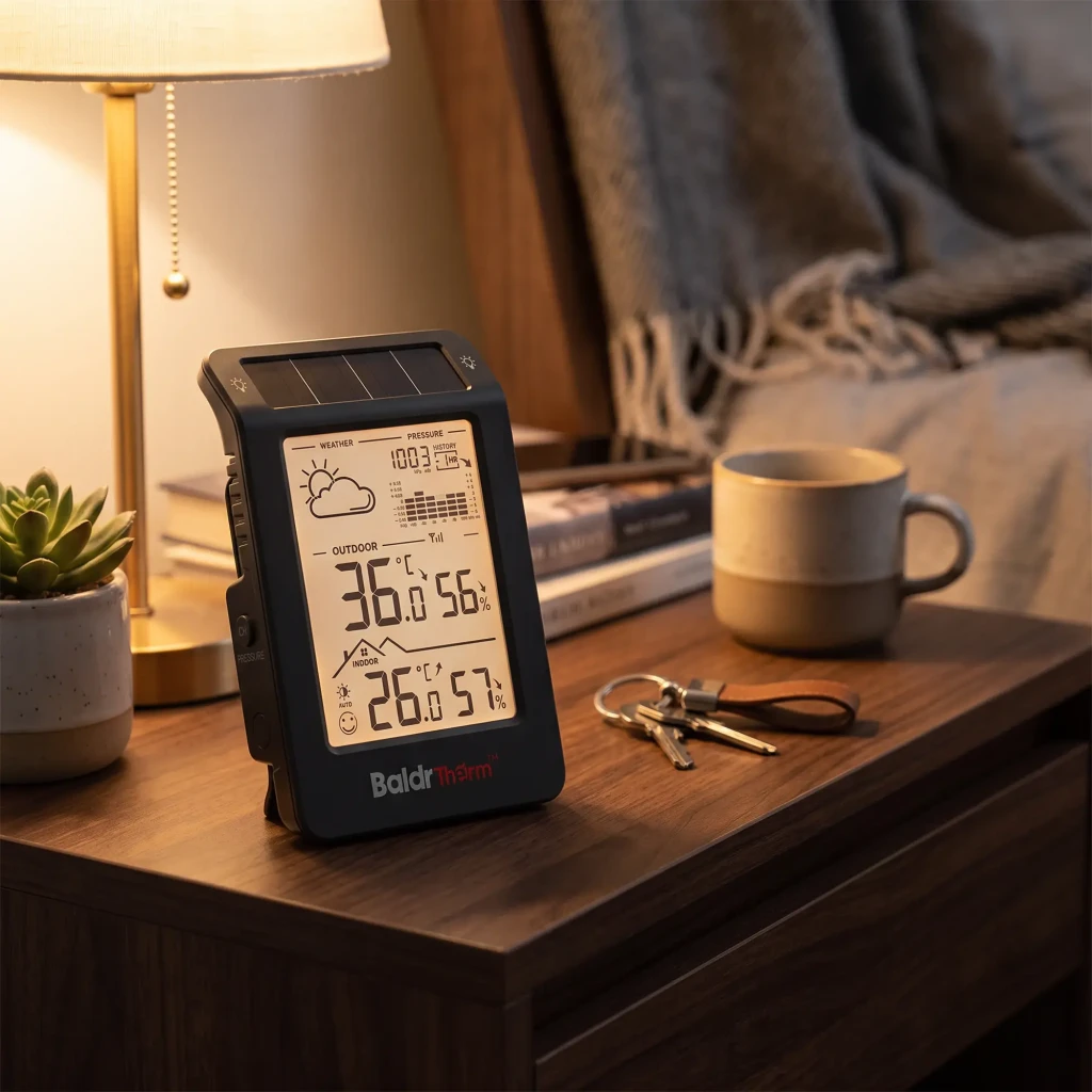 Estação Meteorológica BALDRTHERM Preto Sem Fios 100m B0596WT2H2P-V1, em uso: ecrã LCD com temp e humidade interior