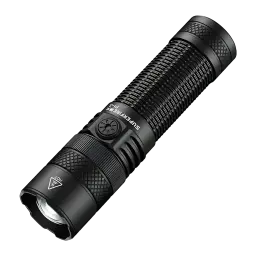 Lanterna LED Superfire F1-S Preto Recarregável 1000 lúmens 275 m, vista frontal: corpo preto com textura knurling, botão