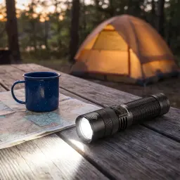 Lanterna LED Superfire F1-S Preto Recarregável 1000 lúmens 275 m, em uso: acesa sobre mesa de madeira com mapa, caneca