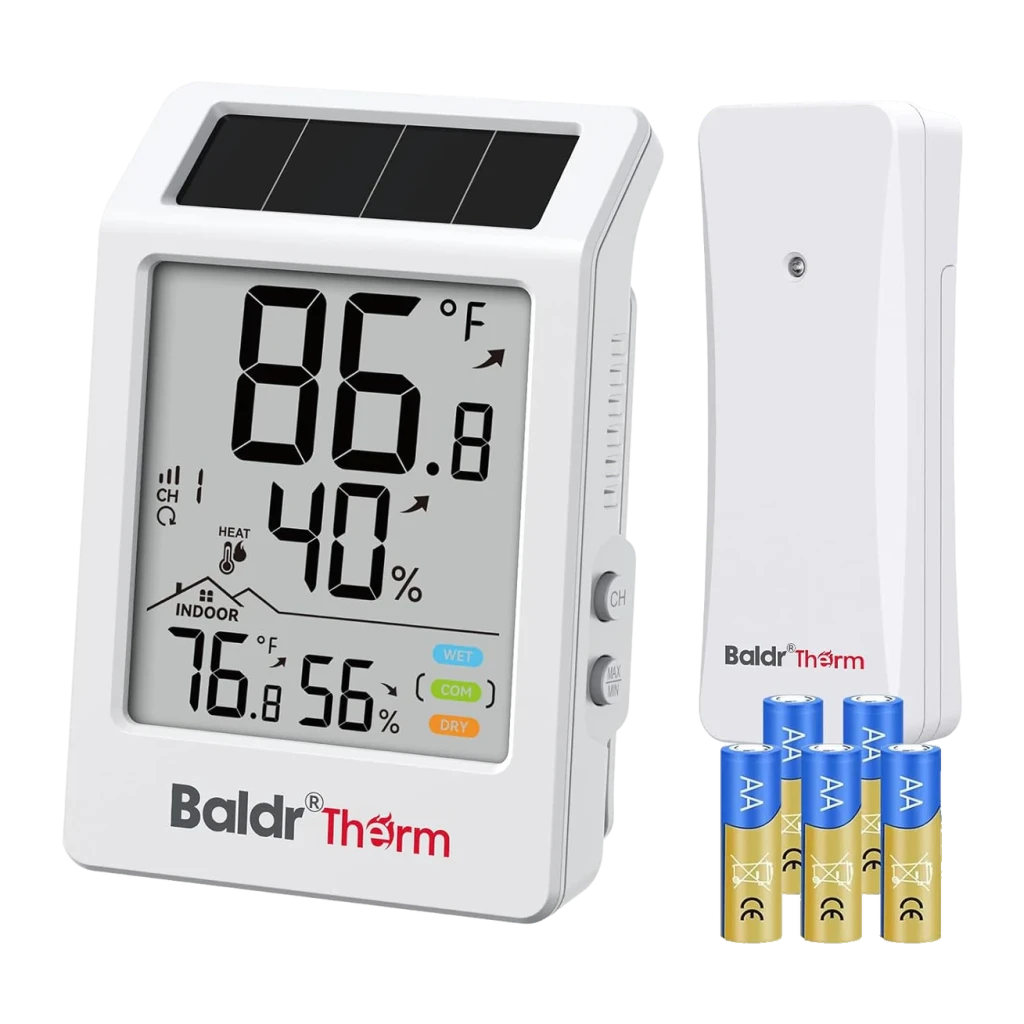 Termohigrómetro BALDRTHERM B0707 Solar com Sensor Exterior Sem Fios 100m Branco, vista frontal: estação interior com painel