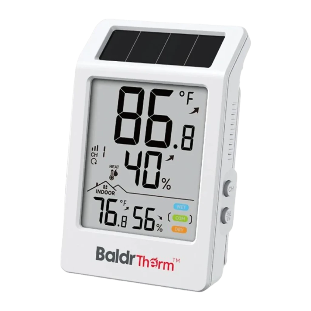 Termohigrómetro BALDRTHERM B0707 Solar com Sensor Exterior Sem Fios 100m Branco, detalhe: ecrã LCD com temperatura em °F