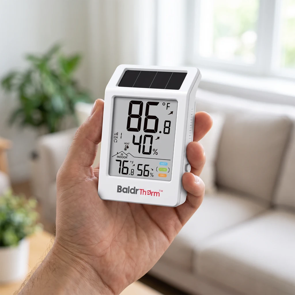 Termohigrómetro BALDRTHERM B0707 Solar com Sensor Exterior Sem Fios 100m Branco, em uso: mão segura a estação mostrando ecrã