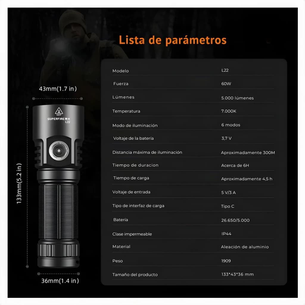 Torche LED Superfire L22 Noir Rechargeable USB-C 5000 lumens 300m, fiche technique: dimensions 133x43x36mm et tableau