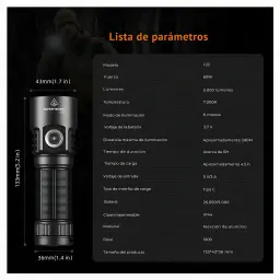 Torche LED Superfire L22 Noir Rechargeable USB-C 5000 lumens 300m, fiche technique: dimensions 133x43x36mm et tableau