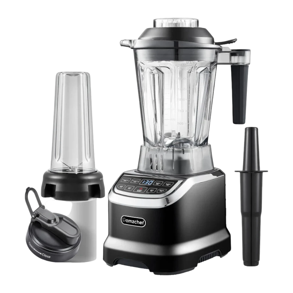 Batidora de vaso AMZCHEF 1,85L 1800W Negro ZM5003-BK, vista frontal: base negra con panel táctil LED, vaso transparente