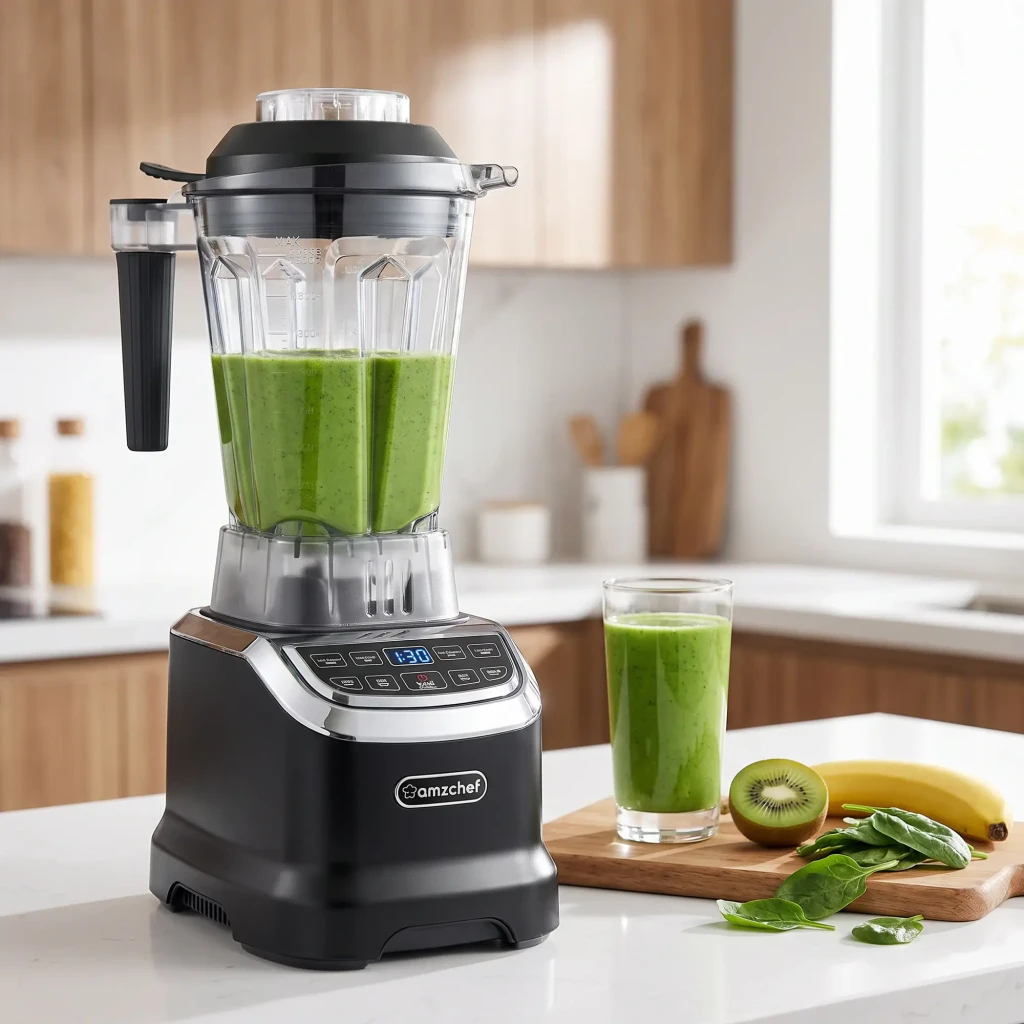 Batidora de vaso AMZCHEF 1,85L 1800W Negro ZM5003-BK, en uso: triturando smoothie verde en cocina con kiwi, plátano